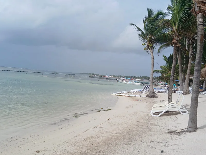 Quiet stretch of Mahahual beach with palm trees and loungers