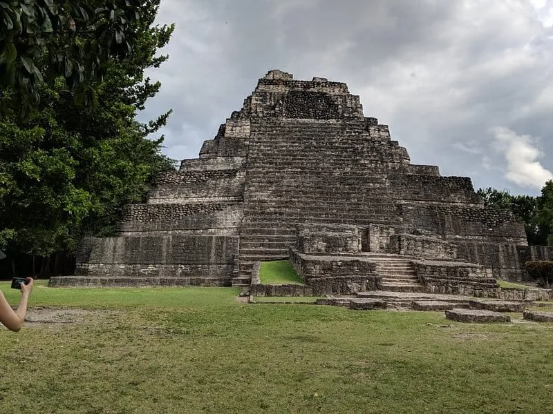 Chacchoben pyramid seen across the jungle clearing