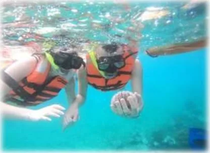 Two snorkelers floating in the clear shallow water of Mahahual